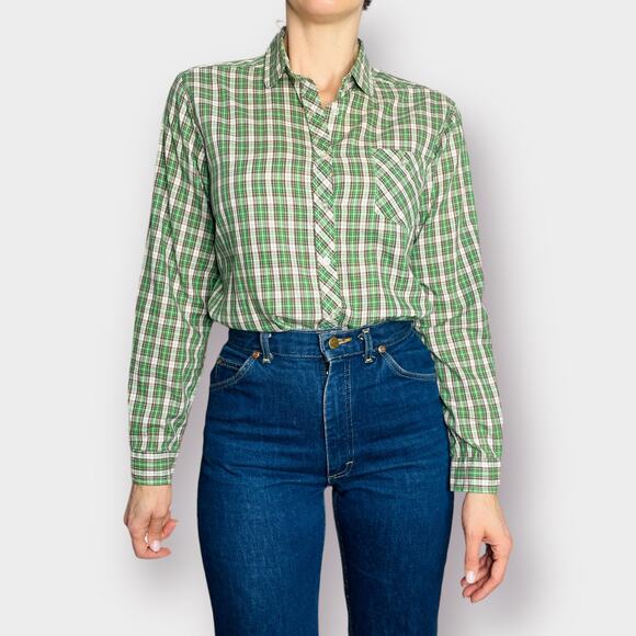 80s Society Green plaid long sleeve‎ button front - Picture 1 of 5